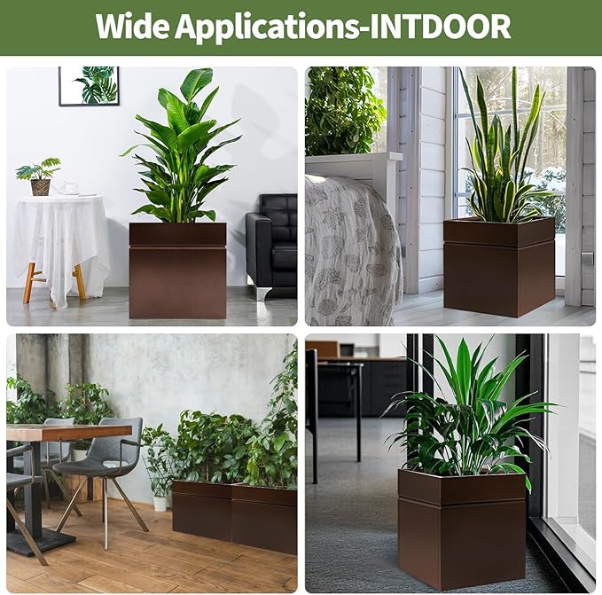 Matel Planter Box 17" L x 17" W x 18" H, Cube Heavy Duty Powder Coating Steel Planters with Drainage Hole, Indoor Outdoor All-Weather Use for Home, Porch, Patio, Garden(Bronze)