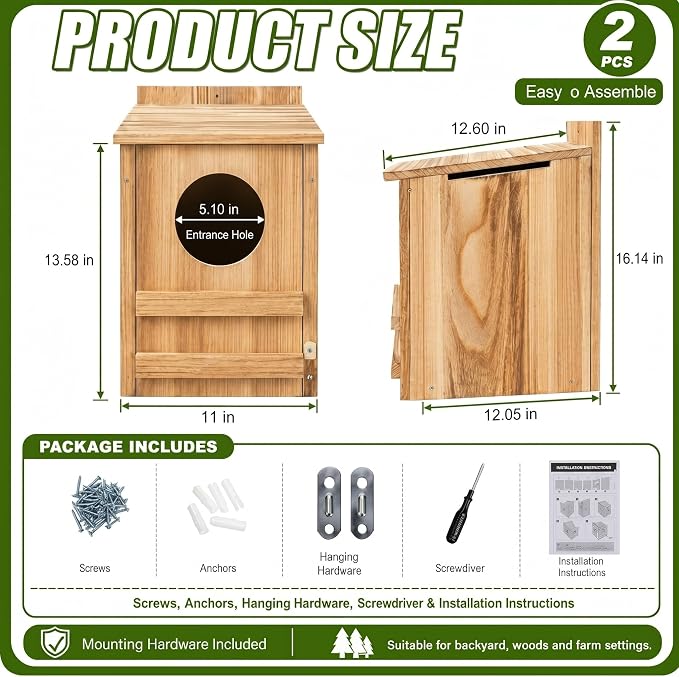Novabright 2 Pcs Large Great Horned Owl House, 16" x 12" x 11" carbonized Weatherproof Wooden Nesting House for Screech Owls, Boreal, Northern Pygmy, Saw-whets, Elf, Flammulated and Others