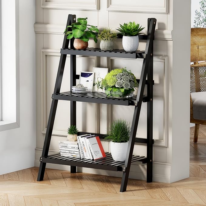 oakvivo 39.4" Foldable Plant Shelf Ladder Shelf, 3 Tier Bamboo Ladder Flower Pot Display Shelf, Freestanding Ladder Bookshelf for Garden, Balcony, Yard, Living Room, 23.6" W x 15" D x 39.4" H, Black