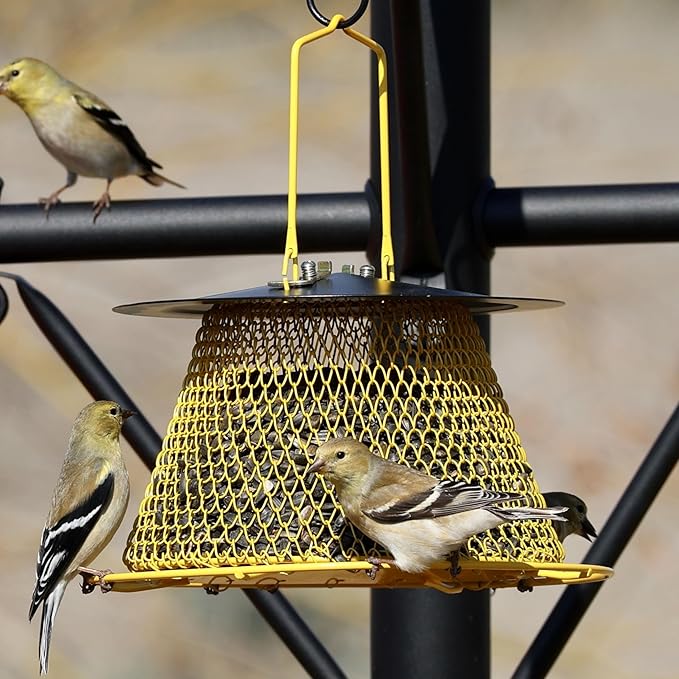 Small Collapsible Mesh Feeder - Yellow and Black Hanging Bird Feeder - Holds 1lb of Sunflower Seeds