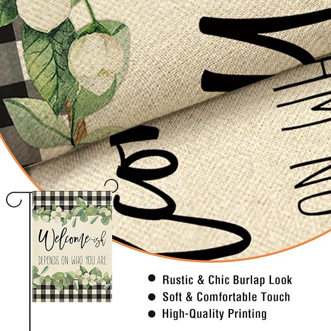 Artofy Welcome-ish Depends on Who You Are Small Decorative Garden Flag, Funny Family Buffalo Plaid Botanical Yard Lawn Outside Decor, Humorous Burlap Outdoor Home Decoration Double Sided 12 x 18