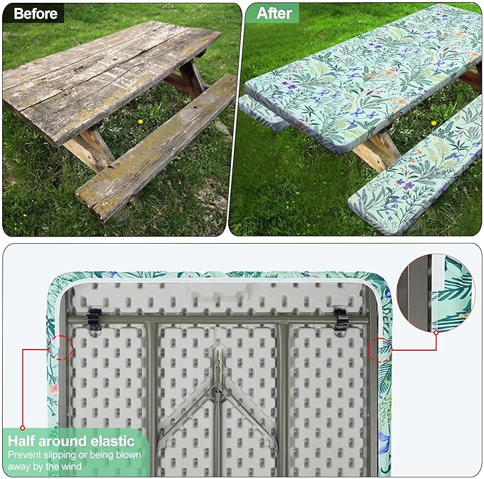 Picnic Table Cover with Bench Covers Camping Essentials Waterproof Windproof Camping Tablecloth with Drawstring Bag, Fitted Rectangle Tables and Seats, 72in, Gray Blue