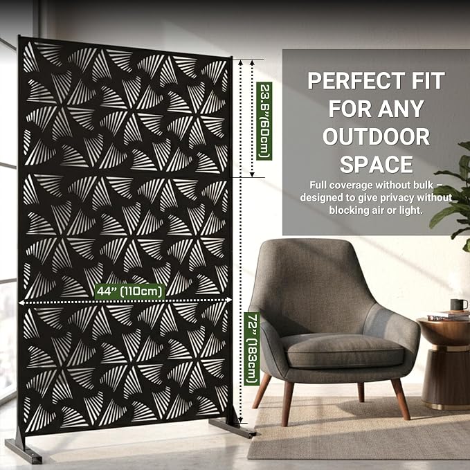 72in Metal Privacy Screen Outdoor Decorative Panel – Freestanding Rustproof Steel Patio Divider for Garden, Backyard, or Balcony, Modern Laser Cut Design for Stylish Privacy & Outdoor Decor