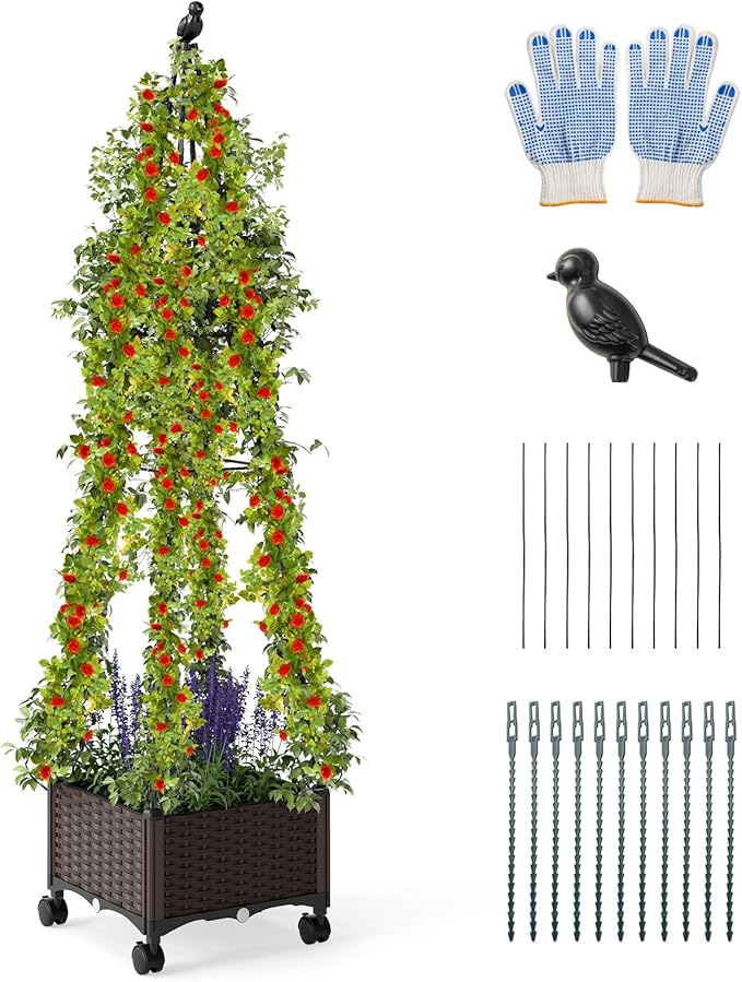 HAPPYGRILL 71" Garden Trellis for Climbing Plants, Self-Watering Raised Garden Bed w/Obelisk Trellis, Lockable Wheels, Adjustable Height, Indoor Outdoor Vertical Planter Box for Flower, Vine (1)