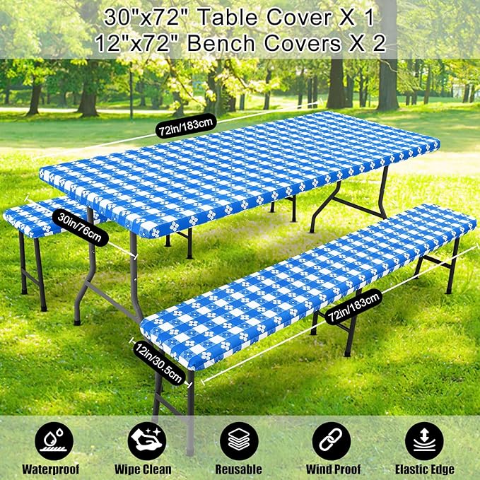 Smiry Picnic Table Cover with Bench Covers, Waterproof Elastic Fitted Tablecloth for 6 Foot Tables, Washable Polyester Tablecloths for Camping, Indoor & Outdoor (Blue & White, 30x72 Inch 3-pc Set)