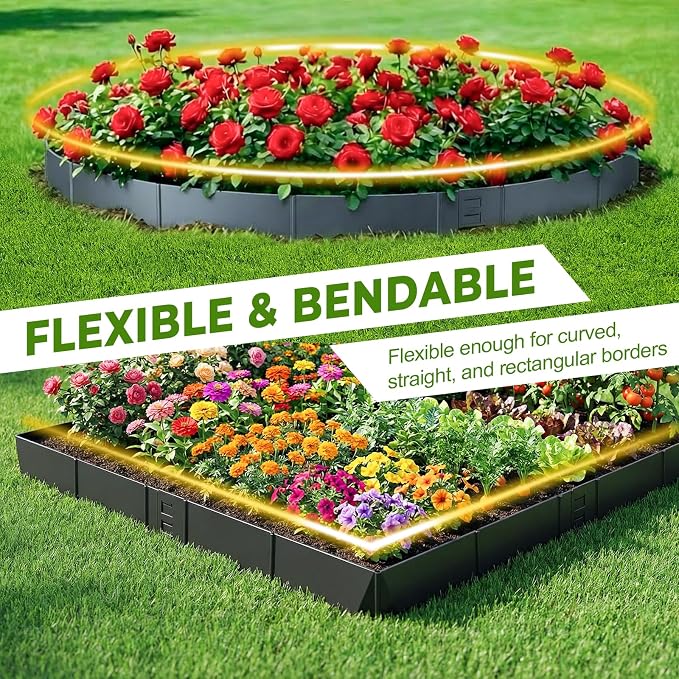6-Pack Heavy Duty Metal Garden Border(20FT), 6 in *37 in Hammer-in Landscape Edgings with 6 Pcs Plastic Stakes, Bendable Lawn Edgings for Yard, Tree Rings, Lawn,Pathway-Black