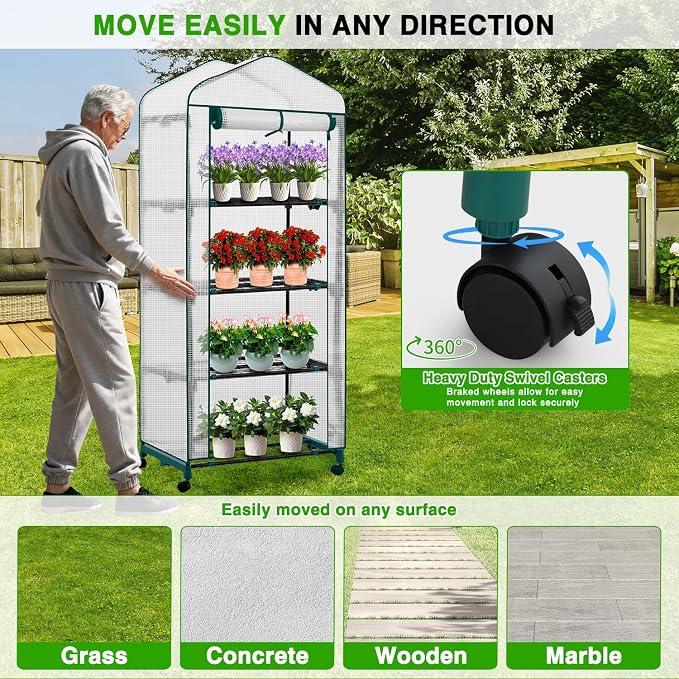 Yesker Mini Greenhouse 27"x20"x63" Portable Indoor / Outdoor Small Green House with 4 Tier 4 Shelves Wheels Thicken PE Cover Compact Greenhouses Kit for Winter Gardening Balcony Patio Backyard, White