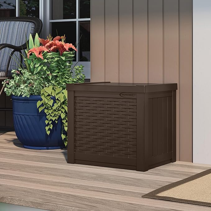 Suncast 4 Pack 22-Gallon Small Deck Box - Lightweight Resin Storage Container and Seat for Patio Cushions and Gardening Tools - Store Items on Patio, Garage, 22.5"L x 17"W x 22.5"H, Yard - Java Brown