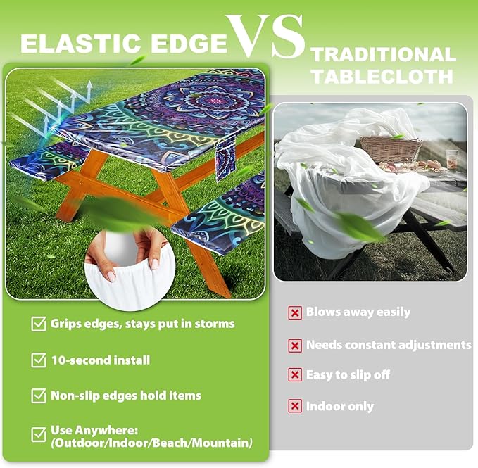 Picnic Table Cover with Bench Covers Vinyl Elastic Edges Fitted Rectangle Seat Tables Waterproof 3-Piece72X30in Set Outdoor Rectangular Folding Backing Tablecloth for Camping Over Size