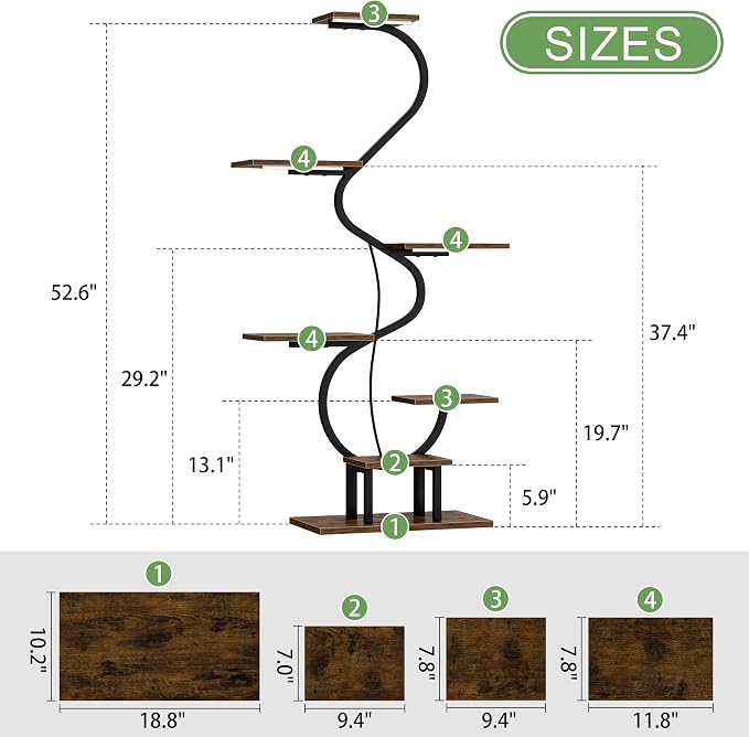 CODACE Plant Stand Indoor with Grow Lights - Tall Corner Plant Shelf, 7 Tiered Plant Stands for Indoor Plants, Metal Flower Plant Rack, Curved-Shaped Inoor Plant Holder for Living Room, Patio（Black