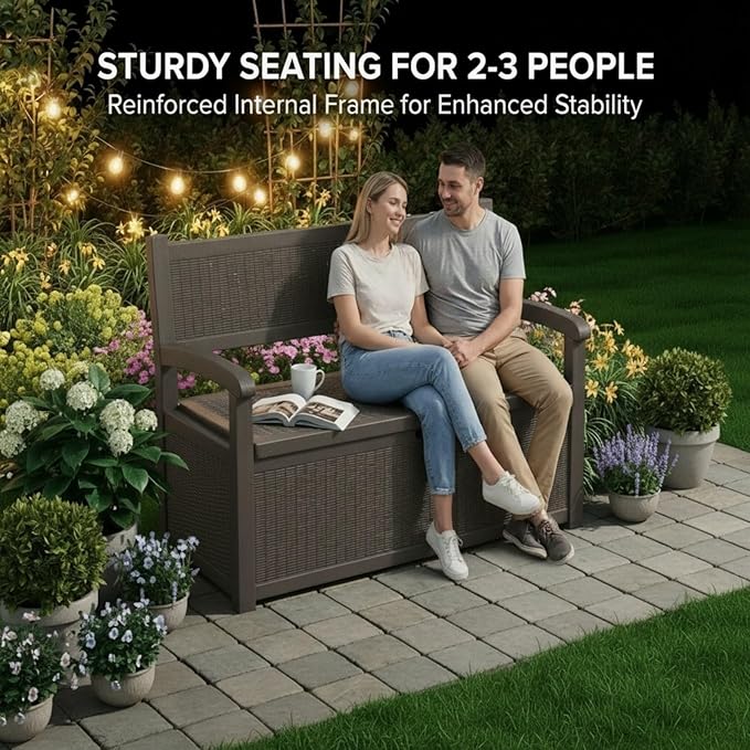 80 Gallon Outdoor Storage Bench, Waterproof Patio Deck Box with Lockable Lid for Garden & Porch, All-Weather Resin Furniture for Cushions, Tools, Pool Accessories