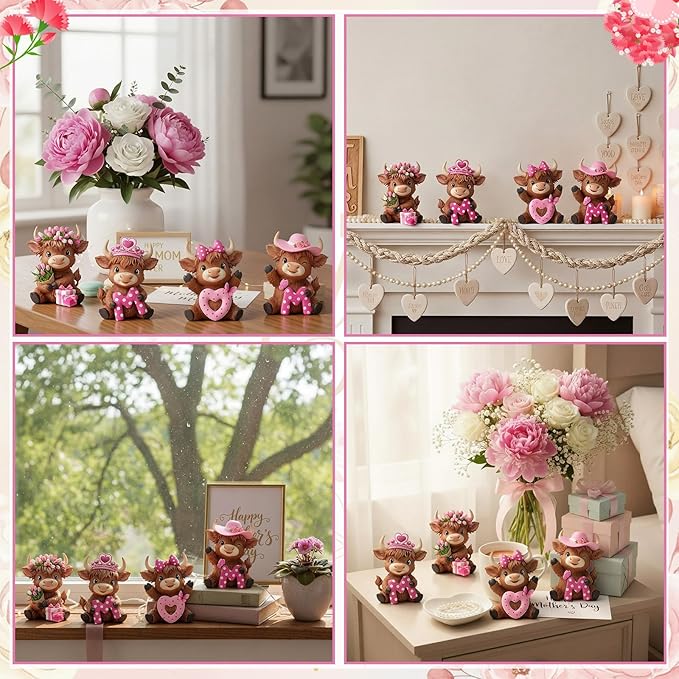 Simgoing 4 Pack Mother's Day Highland Cow Figurines Pink Highland Cow Statue Decor for Mom Miniature Cattle Statues Decoration for Mother's Day Tabletop Centerpieces Home Decor Calf Lovers Gifts