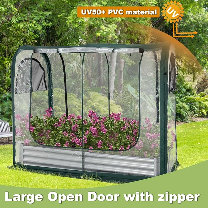 PORAYHUT All-in-One Raised Garden Bed and Greenhouse Kit,Metal Outdoor Planter Box with Pop up Tunnel Greenhouse Cover ,Vegetables, Flowers for Cold Frost Protector (72.4X 36.6 inch)