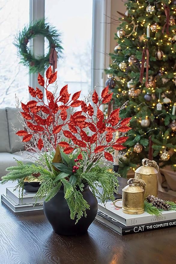 25.6" Christmas Red Glitter Leaves Stems, 5Pcs Artificial Leaf Spray Leaf Picks Tall for Christmas Tree DIY Xmas Wreath Garland Arrangment Vase Bouquets Table Centerpieces Decoration Home Decor