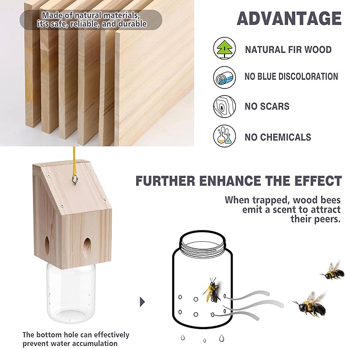 Carpenter Bee Trap for Outside - Shed Style Nature Hanging Wood Trap for Outdoor with Removable Bee Vault Plastic Jar (1 Pack)