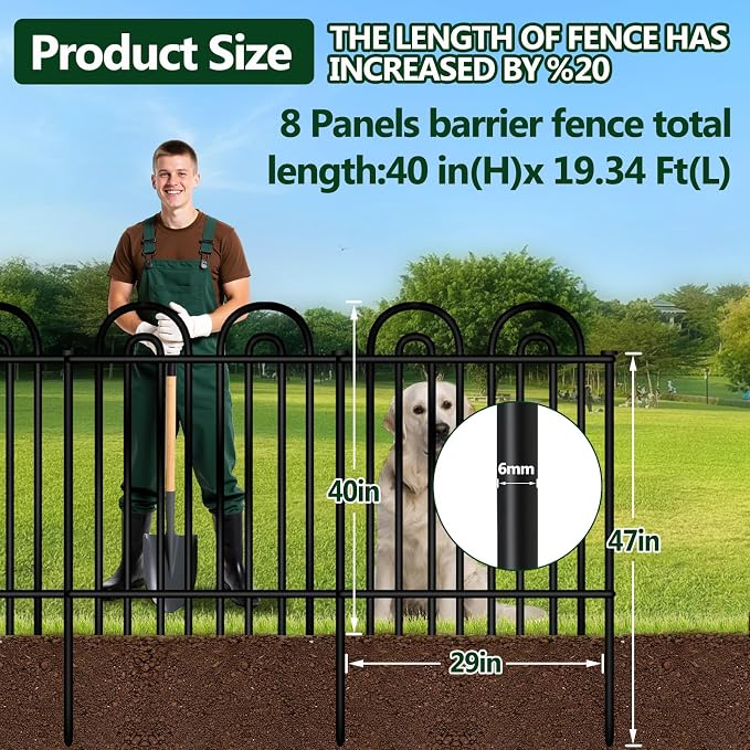 Decorative Garden Fence, 8 Panels No Dig Fence, 40 in(H) x 19.34 ft(L) Animal Barrier for Dogs Rabbits, Rustproof Metal Arched Decorative Garden Fences for Flower Bed, Outdoor, Yard, Patio
