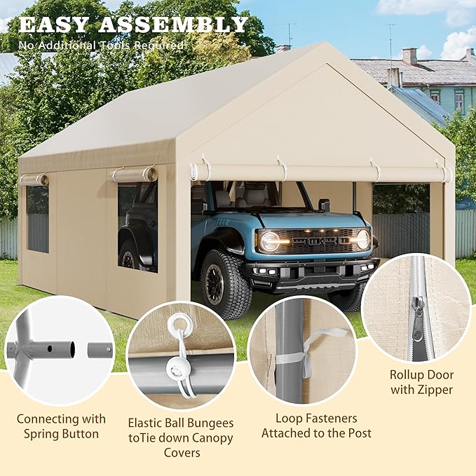 Nuturelly 12x20 FT Carport, Heavy Duty Carport Canopy with Roll-up Windows, Portable Garage with Removable Sidewalls & Doors, Car Canopy with All-Season PE Tarp for Car, Truck, Boat(Khaki)