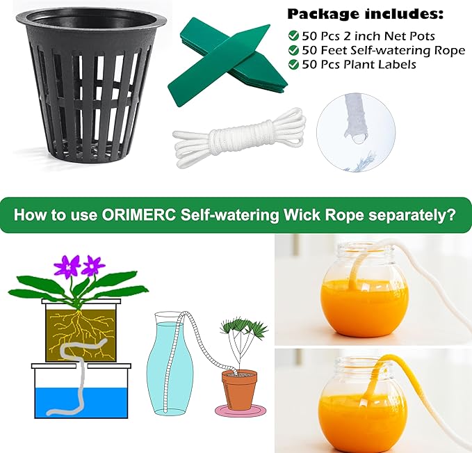 ORIMERC 2 inch Net Pots for Hydroponic Tower, 50 Pack Mesh Net Cups Come with Self Watering Wicking Rope&Plant Labels, for Hydroponic Garden Plants Baskets Aquaponics Vegetable Growing Indoor BPA Free