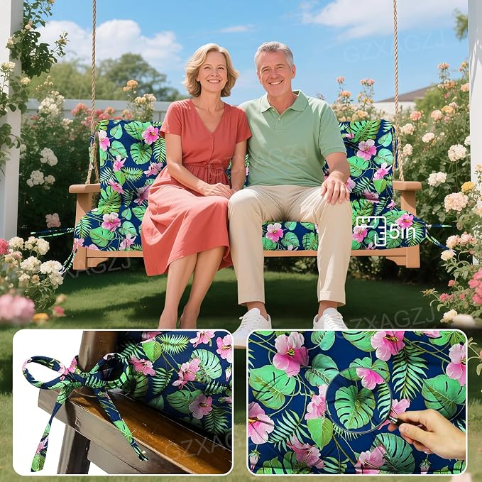 Porch Swing Cushions 70x40 inch Waterproof Outdoor Swing Cushions with Backrest and Ties Thicken 5" Swing Cushion for Outdoor Furniture Garden Lawn Patio Backyard (Rainforest Pattern)