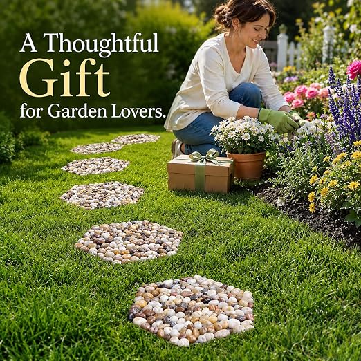 Stepping Stones Outdoor, Natural River Rock Garden Pavers, Set of 6 Round Pebble Stones for Walkway, Yard, Lawn, Patio, Pathway & Landscaping Decor (Hexagon)