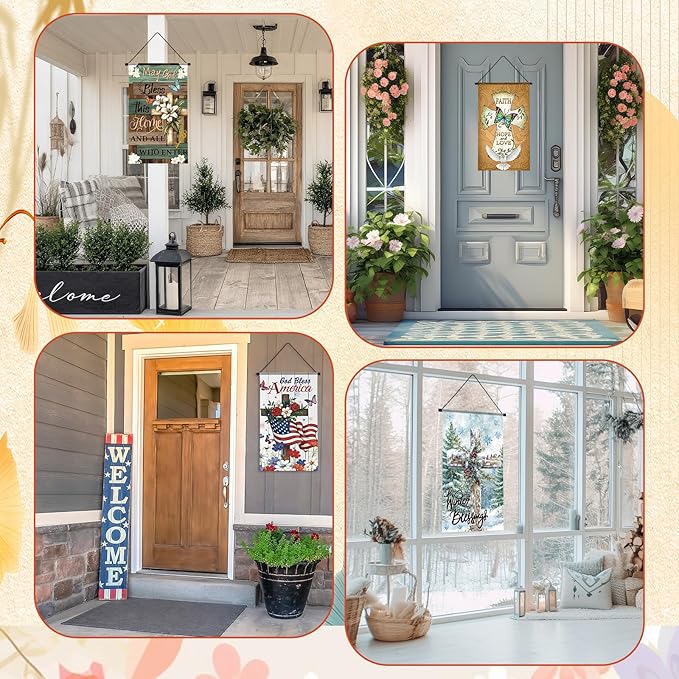 Tegeme 12 Pcs Christian Seasonal Garden Flags Set Hello Spring Door Banner Decorations Religious Cross Door Hanger 12 x 20 Inch 4th of July Hanging Flag for Outside Party Outdoor Indoor