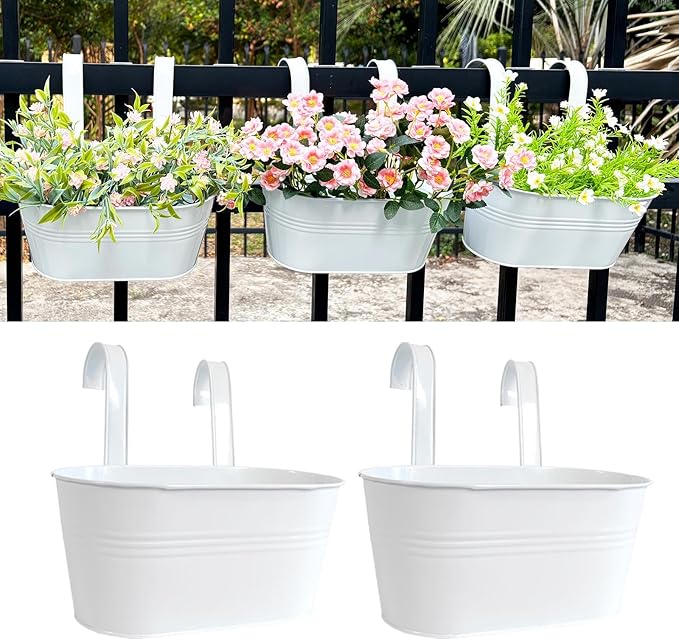 12" Balcony Railing Planters, Outdoor Hanging Planter for Fence, Stylish Metal Porch Deck Flower Pot for Herbs & Succulents (White, Pack of 2)