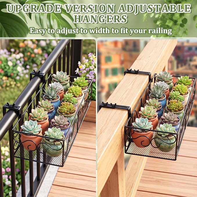 Youyole Railing Hanging Planter Holders, Adjustable Balcony Flower Pot Rack Stand, Expands 14"-27" Iron Hanger Hooks Fit Almost Any Balcony, Fence or Deck Railing up to 8" Wide(Black)
