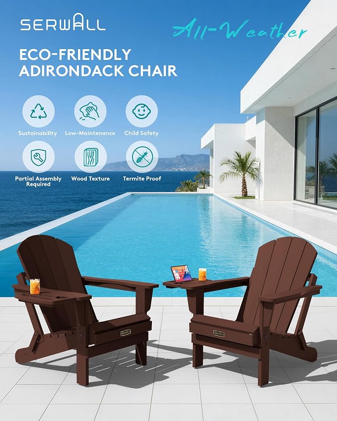 SERWALL Folding Adirondack Chair for Outdoor, Paito Adirondack Chairs with 4 in 1 Cup Holder, All-Weather Patio Chairs with Wood Texture, Fire Pit Chairs for Deck Porch Garden Poolside -Coffee