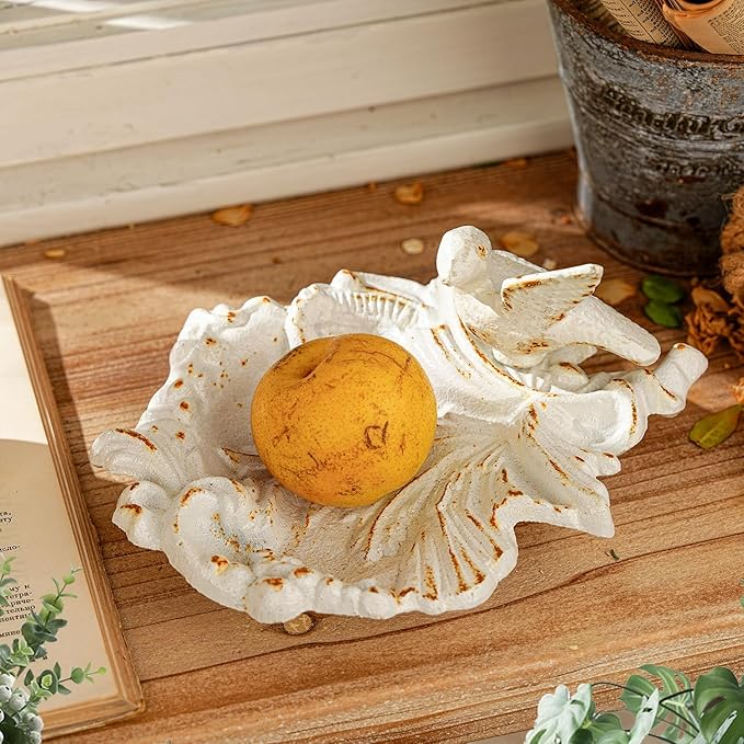 Sungmor Cast Iron Bird Feeder Dish, Rustic White Small Bird Feeding Tray, Decorative Leaf-Shaped Outdoor Bath Bowl Food Container for Garden, Patio or Yard
