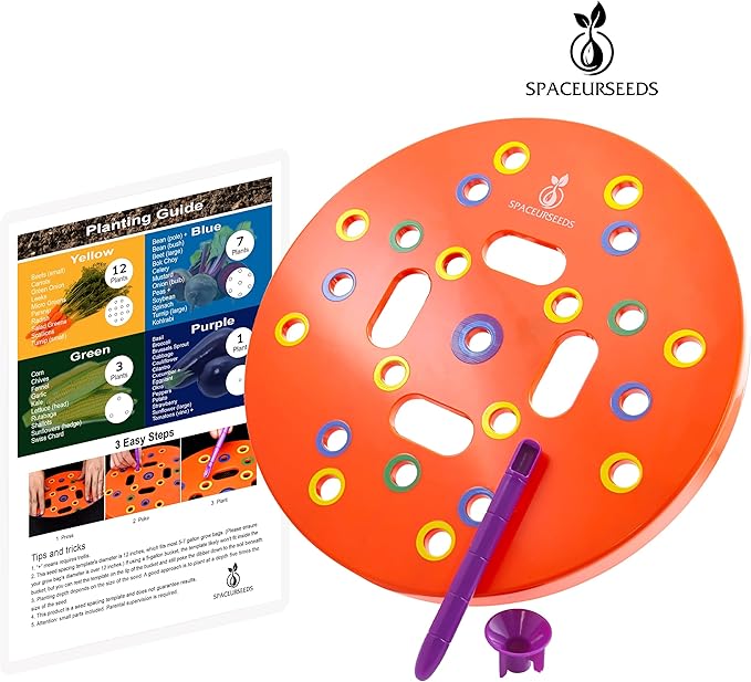 Round Seed Planting Template – Patented Color-Coded Garden Spacing Tool Kit with Seed & Seedling Spacer, Dibber with Seed Spoon & Laminated Vegetable Growing Guide