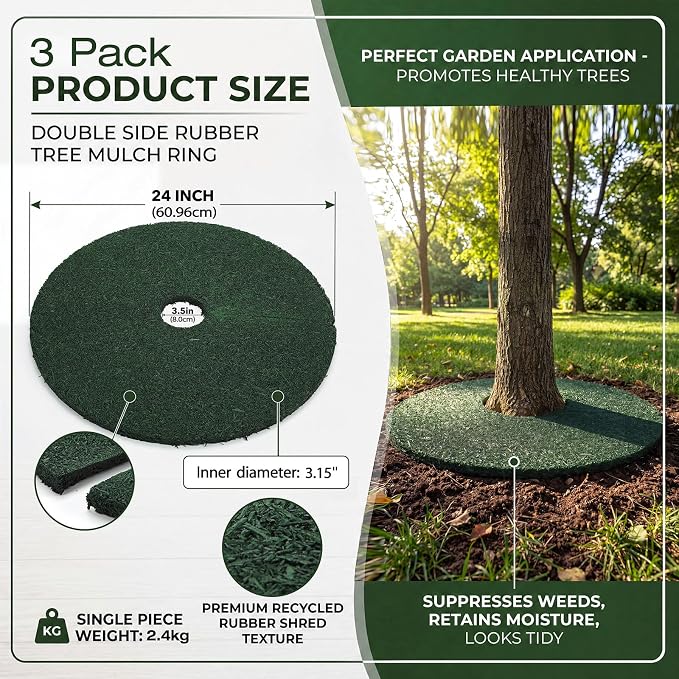 Peryiter 3 Pcs Double Side Rubber Mulch Tree Ring 24 Inch Heavy Duty Rubber Mulch Mat Tree Protector Weed Barrier Mats Reversible Round Root Ring for Prevent Weed Grass Animal Dig Dark Green Black