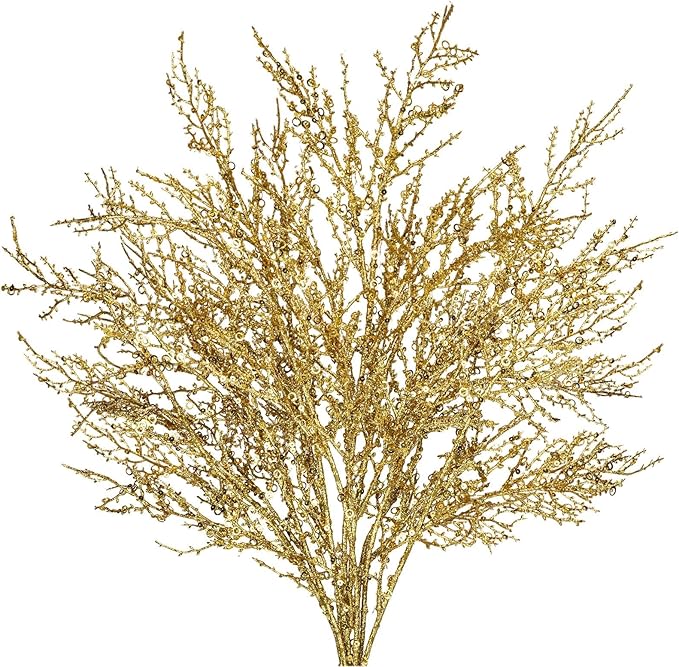 30.7" Christmas Gold Glitter Stems, 5Pcs Artificial Spray Leaf Picks Tall Branches for Christmas Tree DIY Xmas Wreath Garland Arrangment Vase Bouquets Table Centerpieces Decoration Home Decor