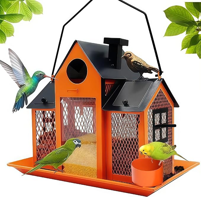 Solar Bird Feeders House for Outside Hanging, Metal Wild Bird Feeder for Outdoors Large Capacity Cardinal Birdfeeder Birdhouses Metal Bird Feeding Station Orange