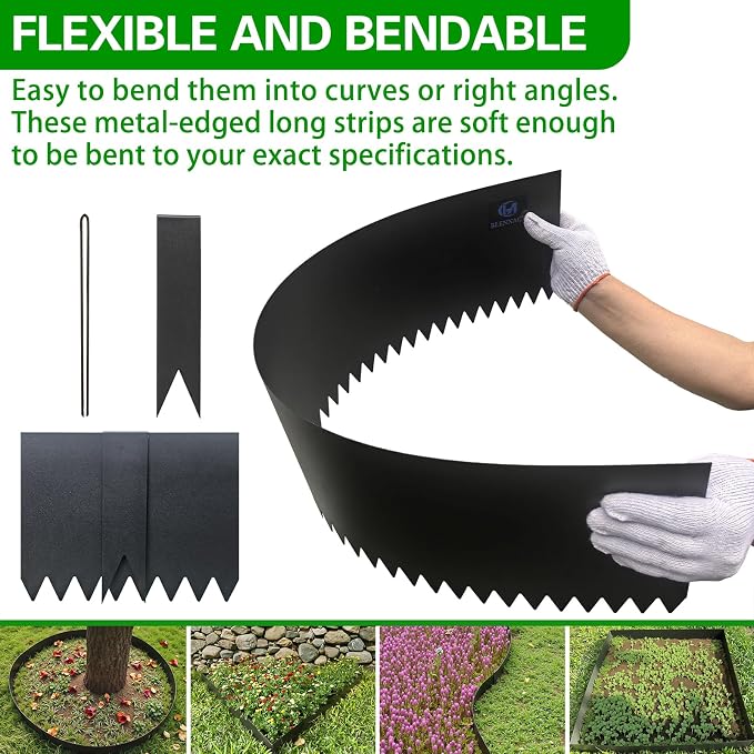 Metal Landscape Edging 6 Pack 40" L x 8" H,Galvanized Bendable Metal Garden Edging,Hammer- in Steel Landscape Edging with a Pair of Gloves and 7 Clips,Black (20 FT Total)