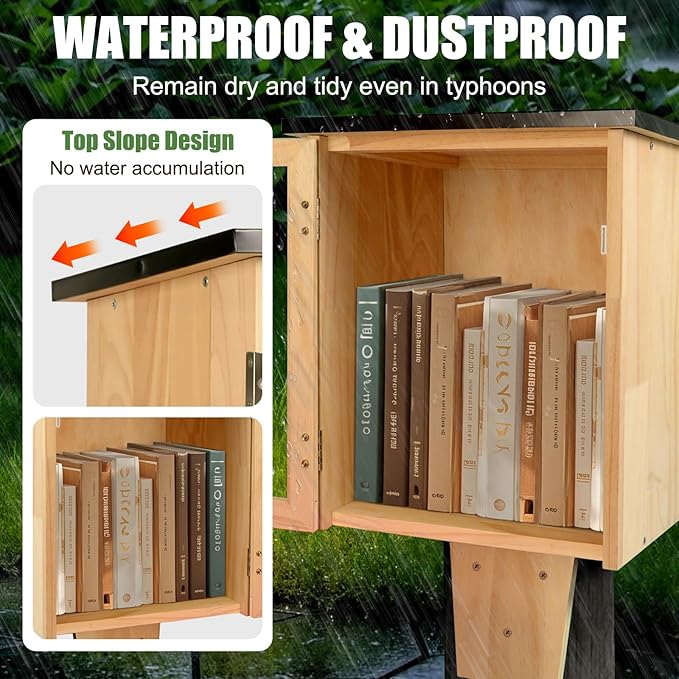 Outdoor Library Book Box, Little Library for Sharing books, DIY Storage Wooden Cabinet Easy Mount for Neighborhoods and Schools