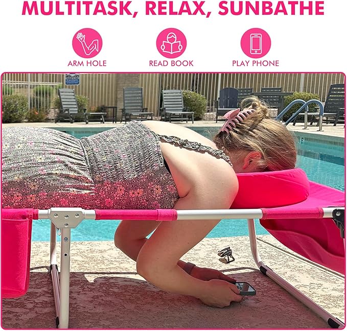 Oversized Extra Wide Tanning Chair with Sun Canopy Face Hole Padded Adjustable Washable, Heavy Duty Layout Folding Lounge Chair for Outside Beach Reading Sunbathing, UPF 50+, XL, Pink, 330 LBS