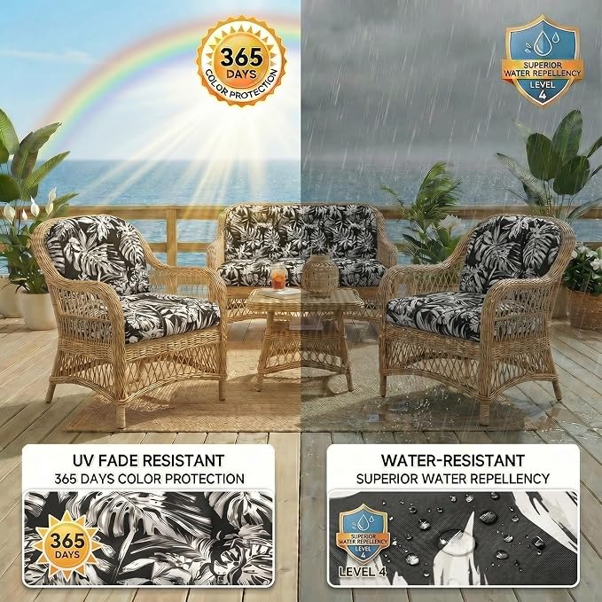 1 MIDDLE ONE Wicker Chair Cushions 3 Pieces Set for Outdoor Furniture, Replacement Patio Wicker Furniture Cushions, 1Pc Loveseat Cushion & 2Pcs Chair Cushions (Black Monstera)