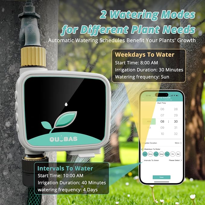 QUOBAS WiFi Water Timer for Garden Hose, 1 Zone Brass Smart Hose Timer with App Control & Rain Delay/Auto/Manual 3 Modes for Drip Irrigation, Pool & Lawn, Battery Powered, 2.4GHz WiFi Only