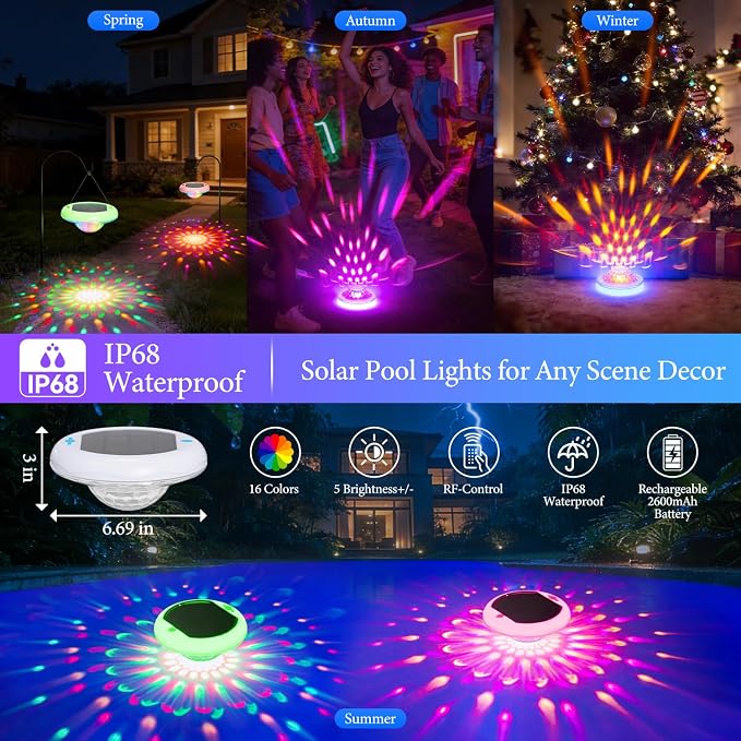 Solar Rechargeable Floating Pool Lights 2 in 1, 6.7 Inch Pool Lights That Float with Remote, 13 RGB Color Changing, Timing Mode, IP68 Waterproof 2600mAh Pool Lights for Inground Pool, Garden 1 Pack