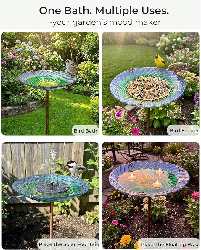 10.5" D Glass Bird Bath with Stake – Shallow Bird Bath for Outside Garden Backyard – Decorative Birdbath & Feeder for Patio Lawn – Hand-Painted Glass Water Dish, Blue