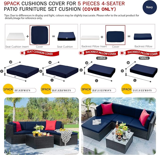 No Stretch,9Pack Outdoor Cushion Covers for 5Pcs 4-Seater Patio Furniture | 600D Oxford Cloth,Patio Sectional Sofa Chair Couch Seat Cushion and Pillow Slipcovers Replacement,Cream-Covers Only