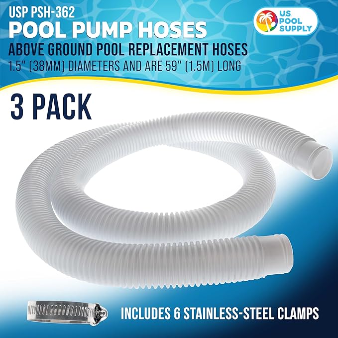 U.S. Pool Supply Above Ground Pool Hose Replacement 1.5" Diameter x 59" Long, Pack of 3, White - Compatible with Intex Pool Surface Skimmer, Filter Pump Hose - 6 Metal Clamps