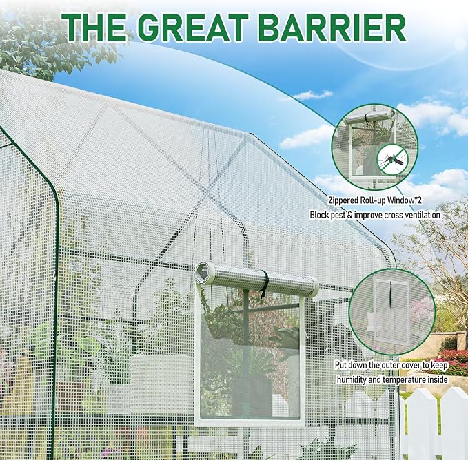 56×56×78Inch Walk-in Greenhouse for Outdoors with Screen Windows, Heavy Duty Small Plant House with Thicken PE Cover and Steel Shelves, Portable Green House for Outside Garden Winter, White