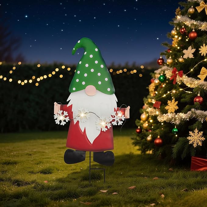 Christmas Gnome Yard Stake Indoor & Outdoor Decorations, Lighted Metal Solar Powered LED Holiday Garden Stakes, Waterproof for Pathway Patio Lawn Porch, Winter Xmas Snowflake Decor Signs