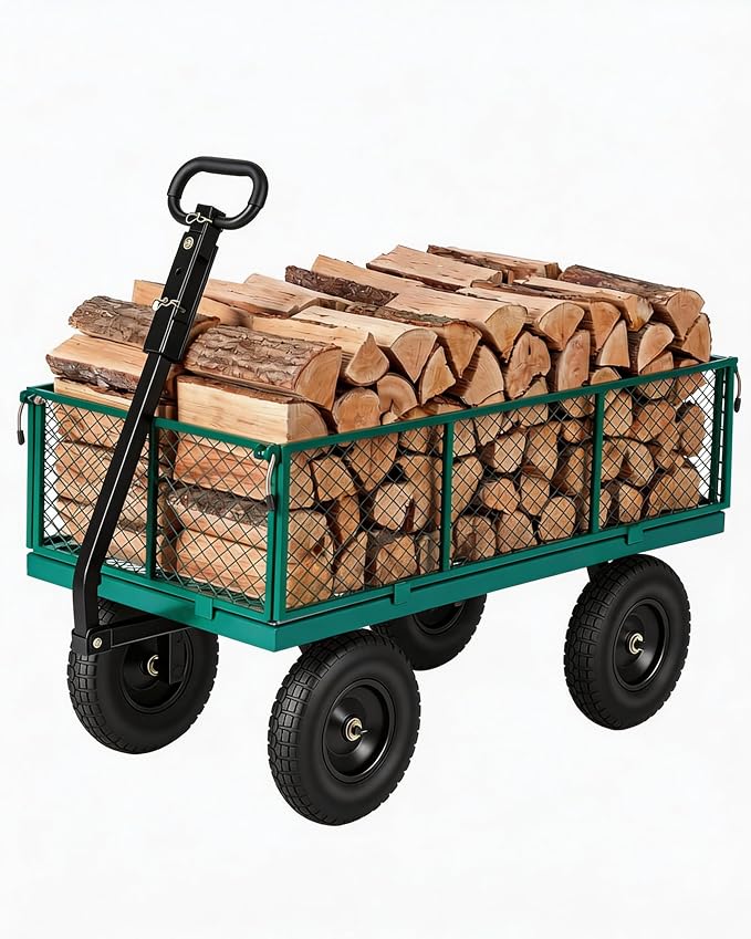 GarveeTech 1000LBS Heavy Duty Steel Garden Cart, Garden Wagon Cart on Wheels, Metal Yard Utility Wagon with Removable Mesh Sides, 13" All Terrain Tires, 180° Rotating Handle for Lawn, Garden, Farm