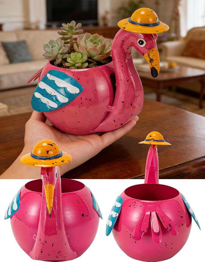 Flamingo Planter Small Succulent Pots Metal Animal Planters | Decorative Flower Pot Pink Flamingo Decorations for Indoor Outdoor Garden Statues Yard Art Charming Home Décor