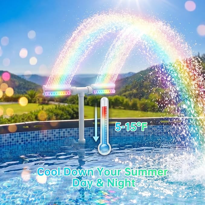 LED Pool Fountain with Remote, Rechargeable Waterfall Spray for Inground & Above Ground Pools, Fits 1.73" & 3.2" Return Jets, 20 Light Modes & Timers, 12H Long-Lasting Glow for Night Swimming Ambiance