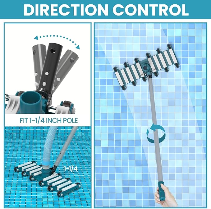 POOLWHALE 19" Professional Weighted Pool Vacuum Head with Wheels, Extra-Wide, Swivel Hose 1-1/2 or 2’’, Flexible Swivel Direction-Control Handle for Swimming Pools - Deep Cleaning on All Surfaces