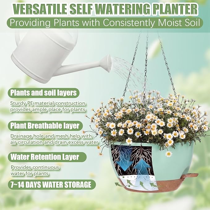 Sliner Set of 4-10 Inch Self Watering Hanging Planters Includes Hanging Pots and Outdoor Hanger Plant Pots with Drainage Holes 2 Types of Hanger Basket Hooks for Patio Garden(Green Brown)