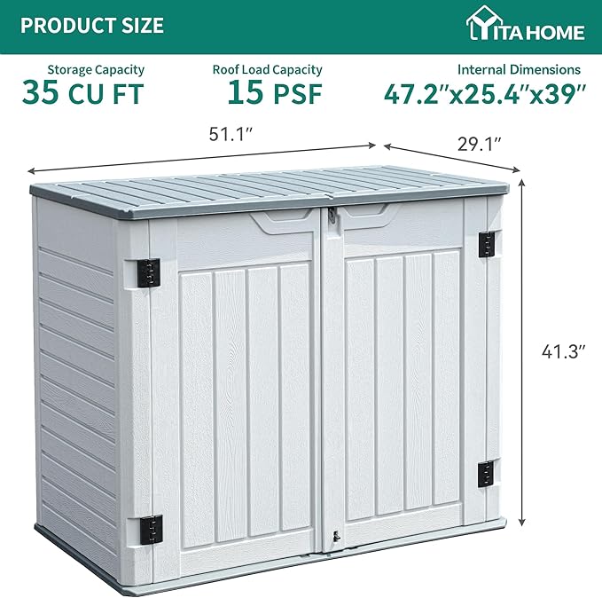 YITAHOME 35 Cu Ft Horizontal Weatherproof Storage Shed Without Shelves, Outdoor Lockable Resin Unit for Tools and Gear, Simple Assembly (Light Gray)